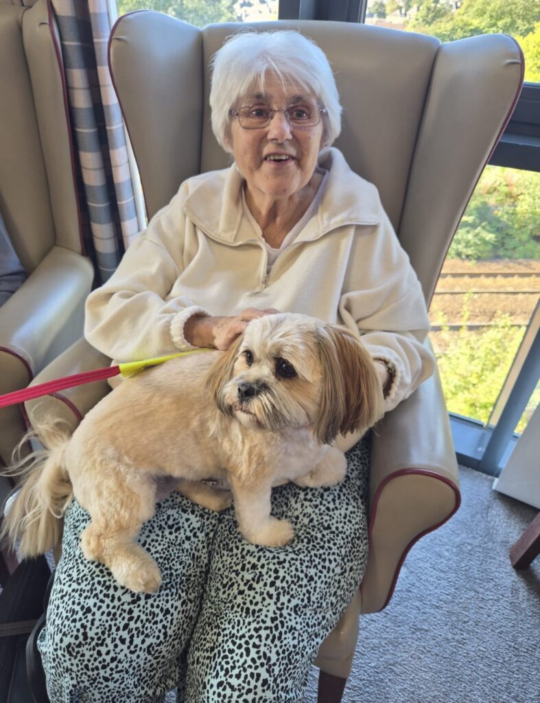 elderly woman with dog sat on her lap