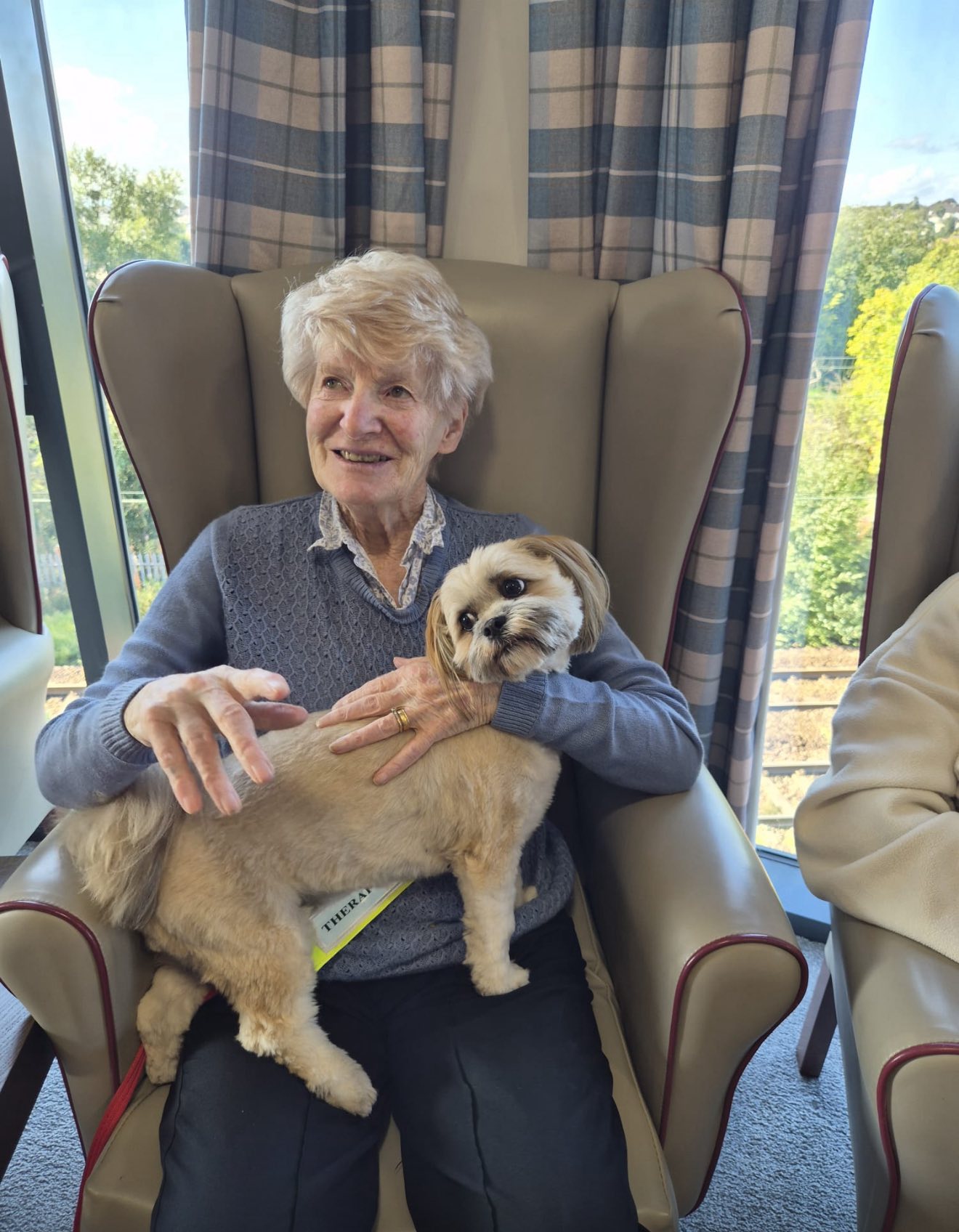 elderly woman in pet therapy session with dog sat on her lap