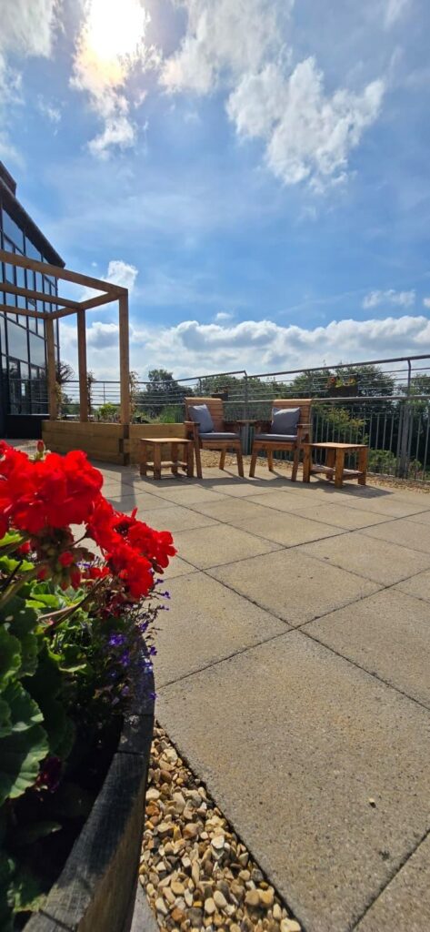 patio seating with flowers